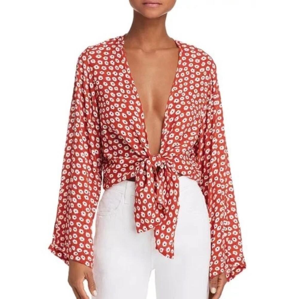 Faithfull The Brand Teguise Plunging Tie-Front Top Red XS
